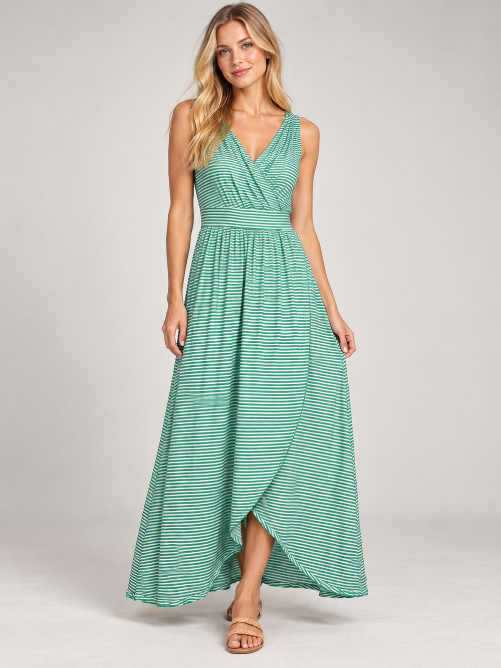 Lands' End Maxi Dress Green White Stripe Surplice Sleeveless L #A4857